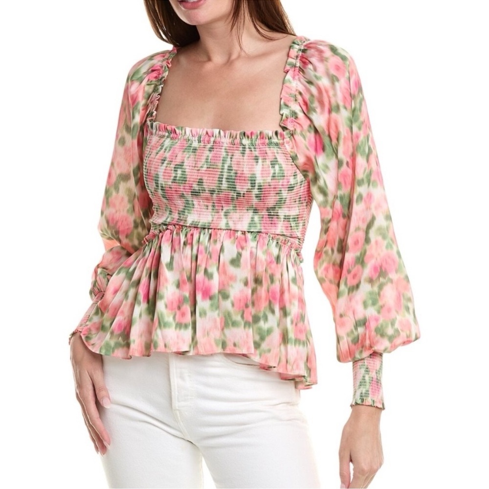 NWT Rachel Parcell Satin She’ll Puff Sleeve Smocked Blouse Size S Milkmaid